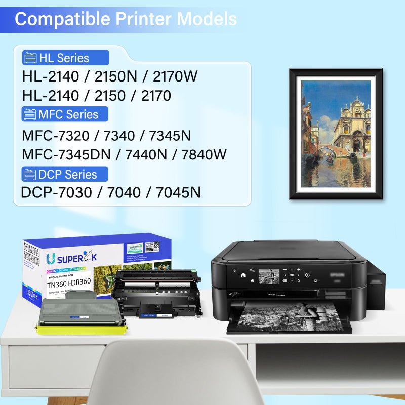 SuperInk Compatible for Brother DR360 Drum Unit & TN360 Toner Cartridge Set use in DCP-7030 DCP-7040 HL-2140 HL-2150N HL-2170W MFC-7340 MFC-7840W MFC-7440N MFC-7345N Laser Printer (1 Drum,1 Toner) - Image 3
